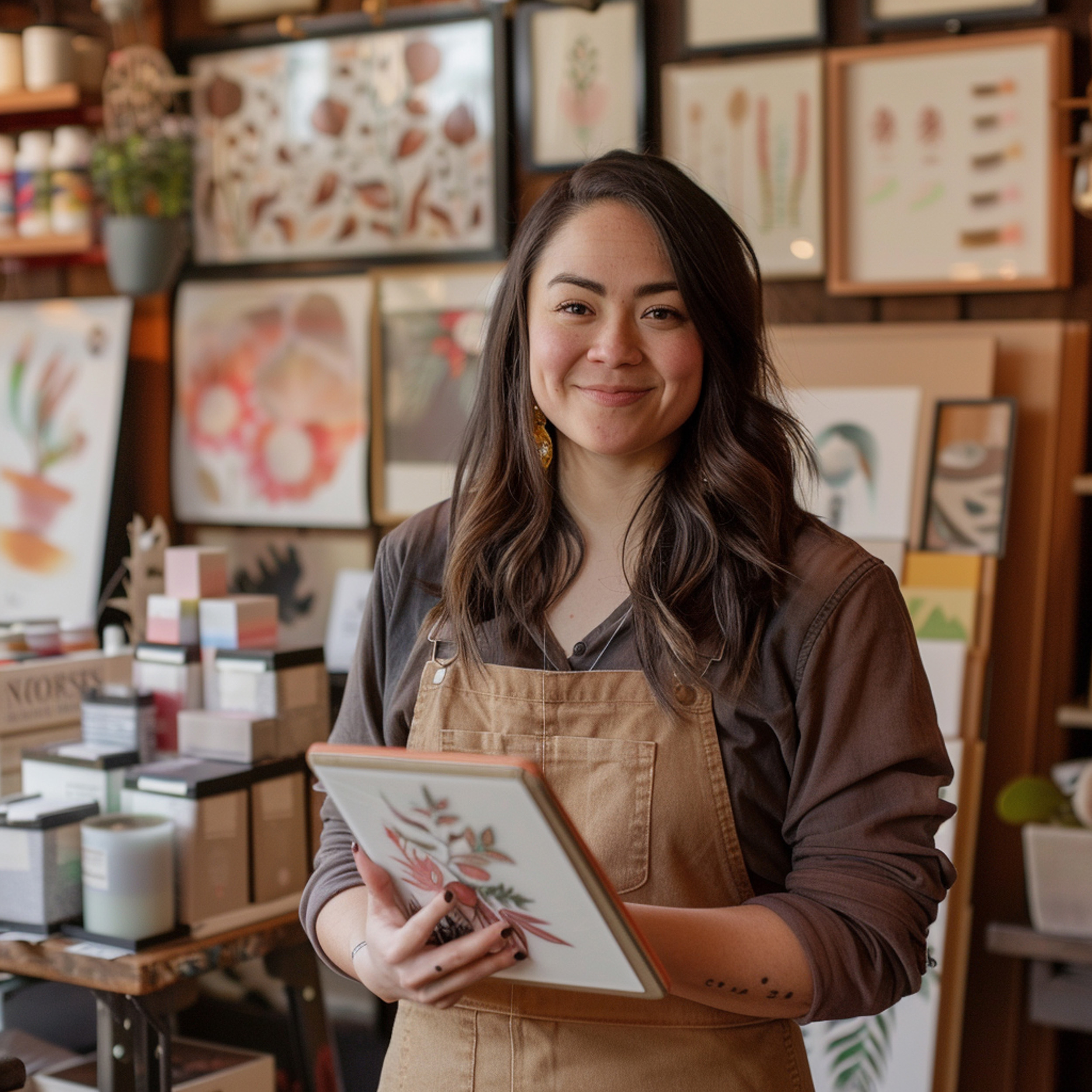 arafed-woman-holding-book-store-with-many-pictures-generative-ai